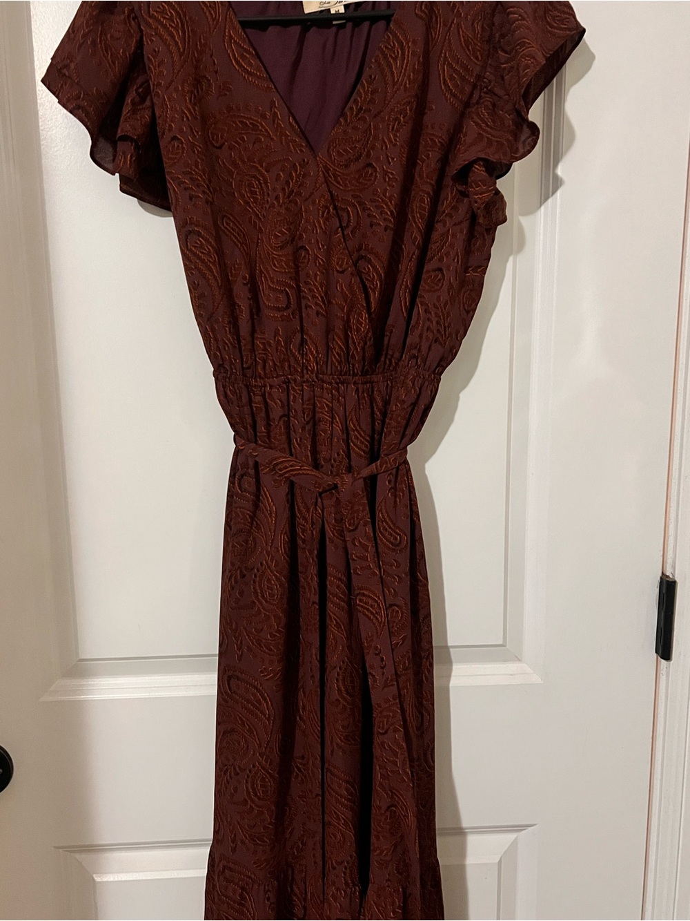 Les Serein Women's Brown Paisley Wrap Maxi Dress - Elastic Waist with Tie